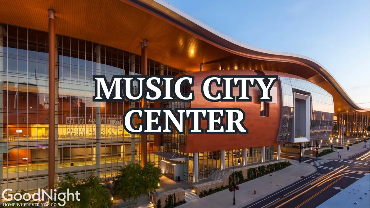 A striking exterior image featuring the Music City Center building surrounded by trees, landscaping, and pedestrian paths. The scene is energetic and dynamic, hinting at concerts, events, and cultural gatherings just moments away from the property.