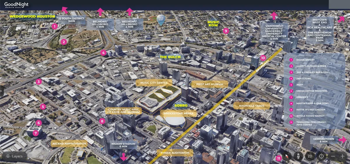 A sweeping city view featuring Wedgewood Houston, Music City Center, The Gulch, Nissan Stadium, and First Art Museum, the image captures Nashville’s energetic urban landscape and diverse cultural offerings.