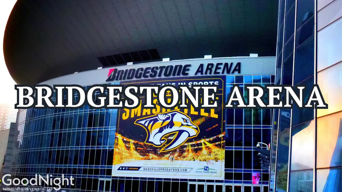 This exterior shot highlights the Bridgestone Arena sign, Nashville Predators banner, and the venue’s glass facade, capturing the excitement and energy of one of Nashville’s premier live entertainment venues.